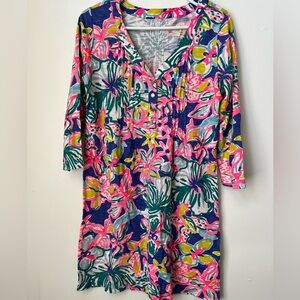 Lilly Pulitzer Amberly Swingy T Shirt Dress Iris Blue Casa Azul Floral Pintuck